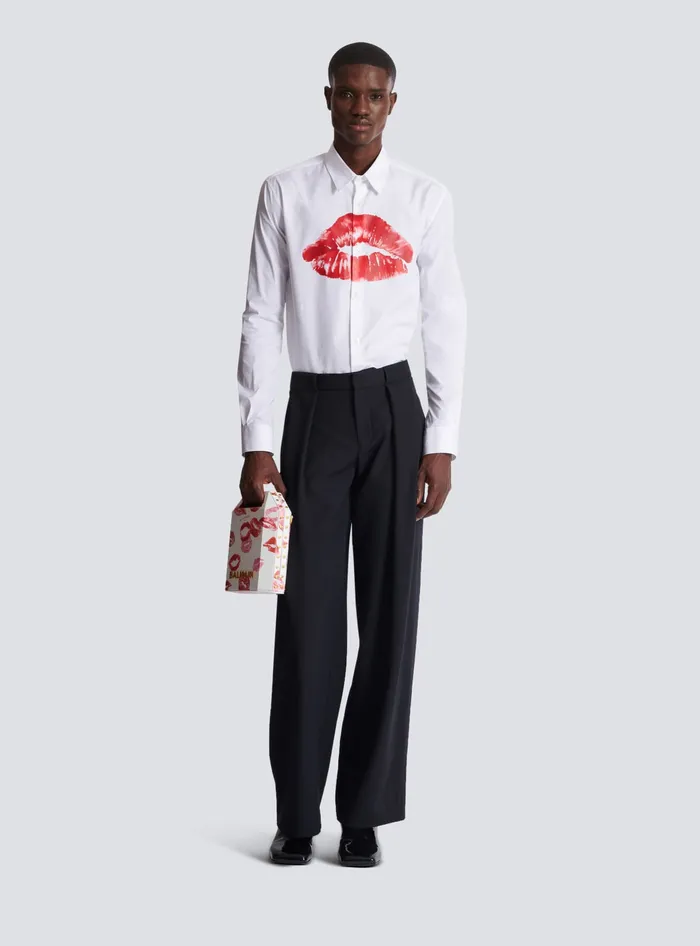 Balmain Poplin Shirt With Kiss Print White Men Shirts And Polos