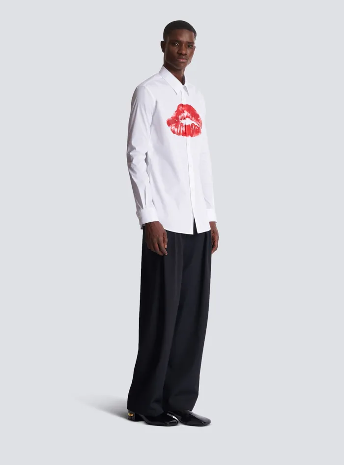 Balmain Poplin Shirt With Kiss Print White Men Shirts And Polos