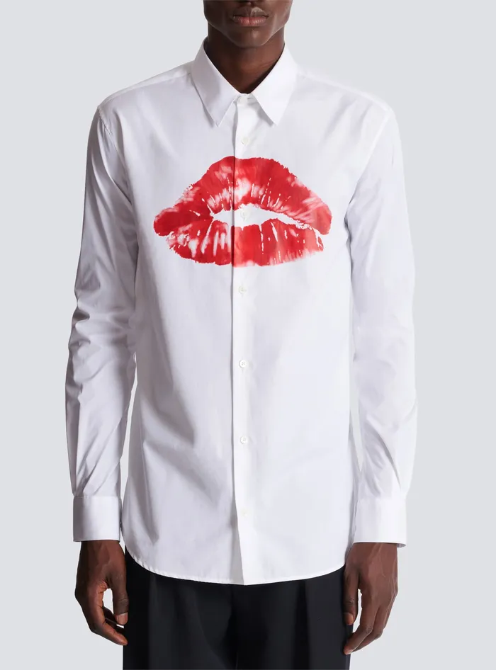 Balmain Poplin Shirt With Kiss Print White Men Shirts And Polos