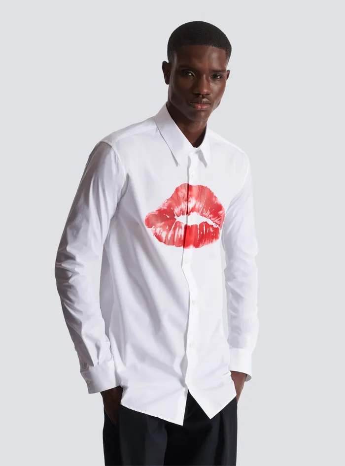 Balmain Poplin Shirt With Kiss Print White Men Shirts And Polos