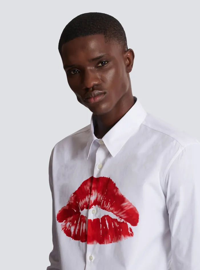 Balmain Poplin Shirt With Kiss Print White Men Shirts And Polos