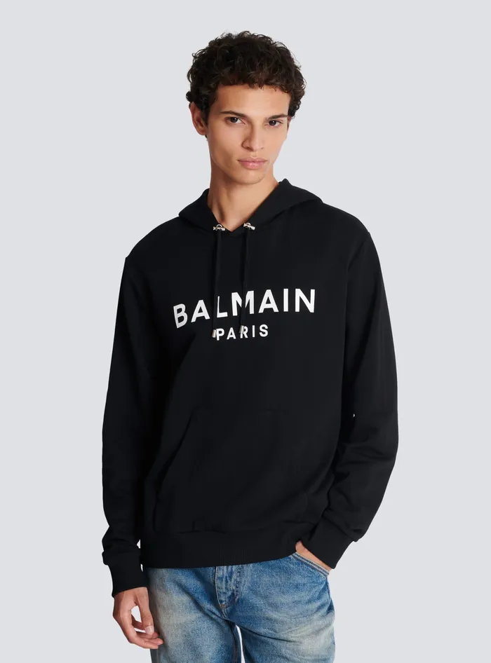 Balmain Printed Paris Hoodie Black Men Sweatshirts