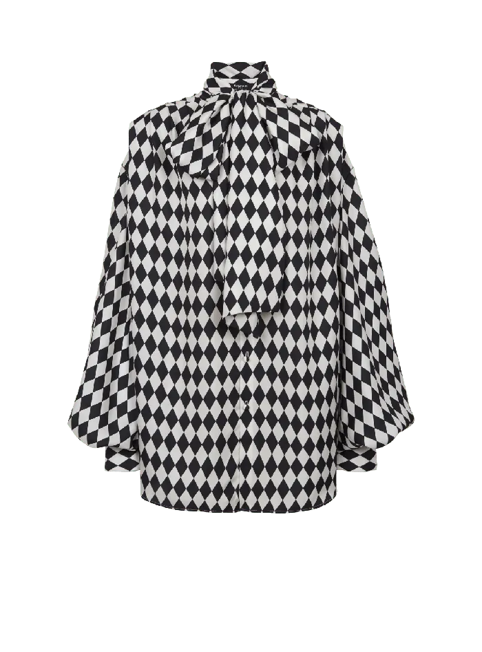 Balmain Pussybow Shirt With Diamond Print Black Women Tops And Shirts
