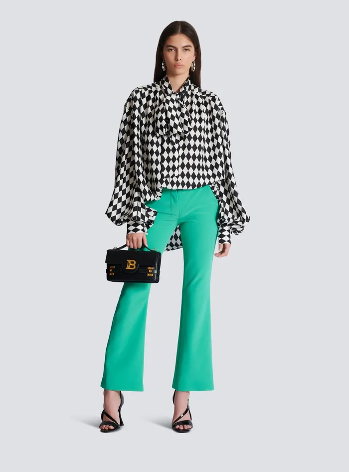 Balmain Pussybow Shirt With Diamond Print Black Women Tops And Shirts