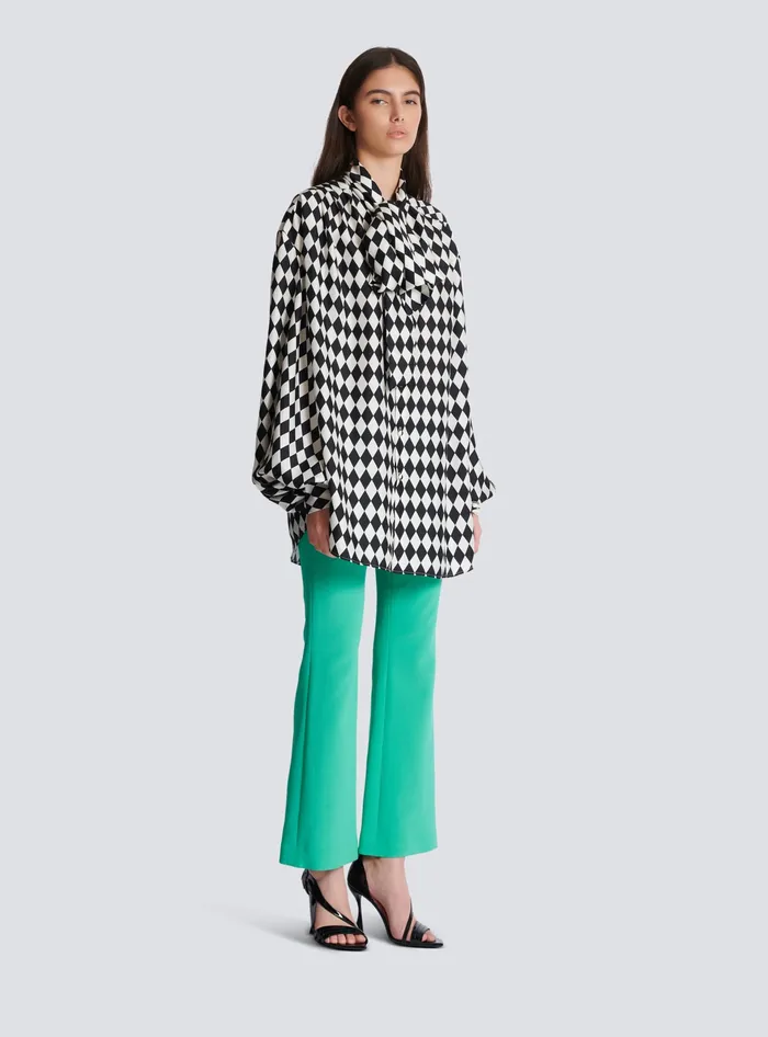 Balmain Pussybow Shirt With Diamond Print Black Women Tops And Shirts