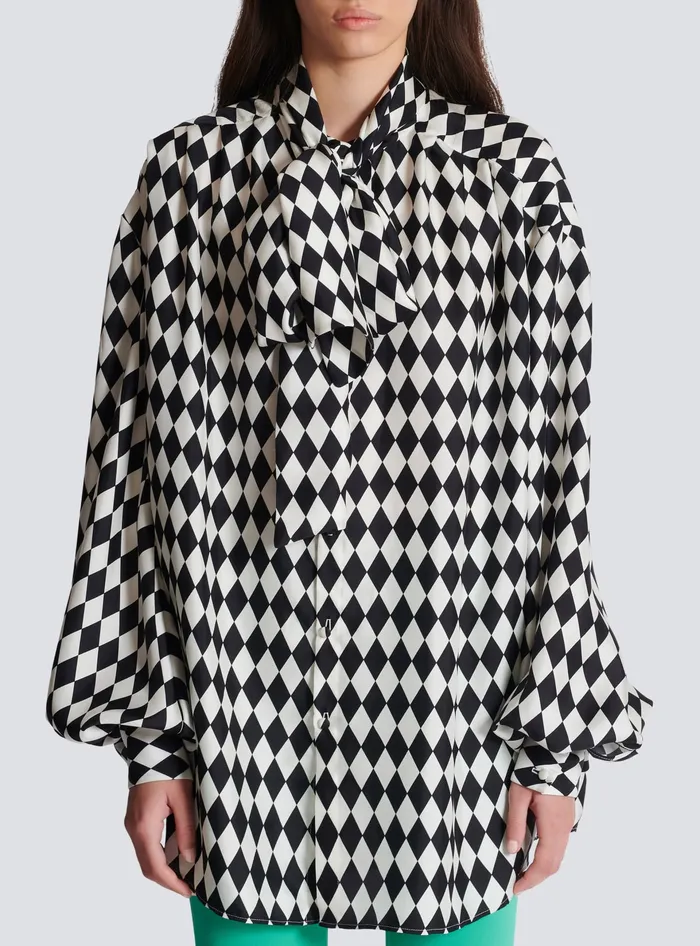 Balmain Pussybow Shirt With Diamond Print Black Women Tops And Shirts