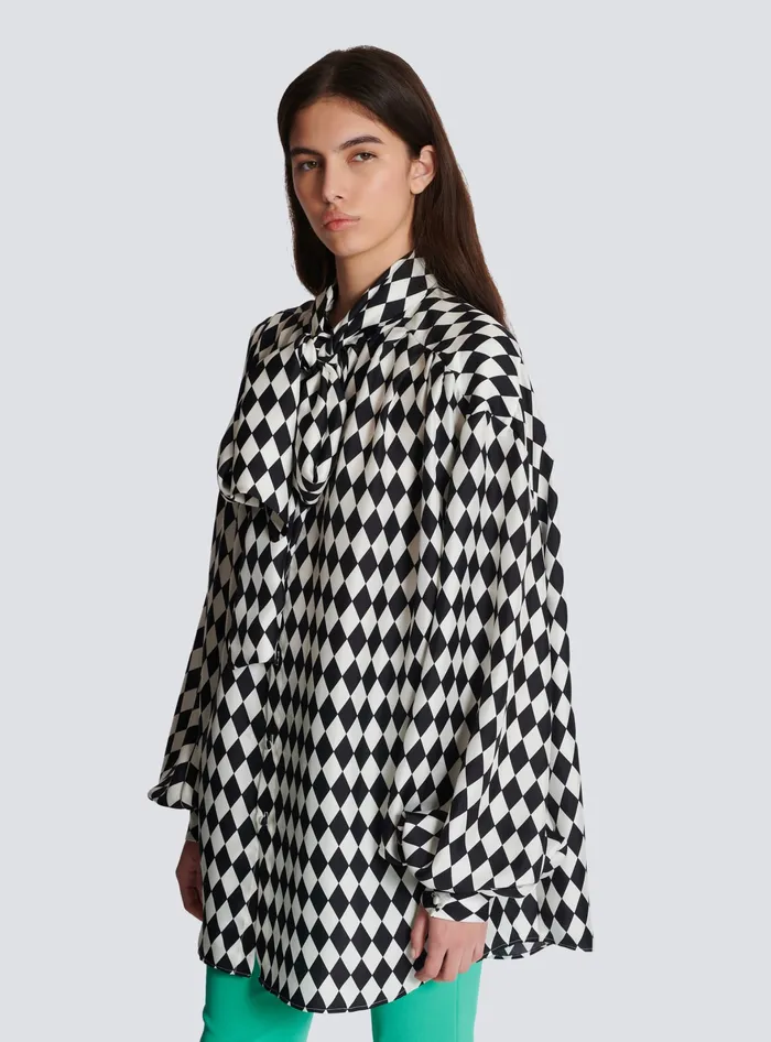 Balmain Pussybow Shirt With Diamond Print Black Women Tops And Shirts