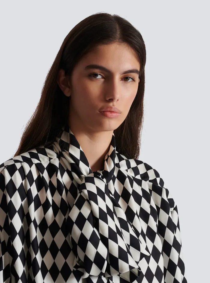 Balmain Pussybow Shirt With Diamond Print Black Women Tops And Shirts
