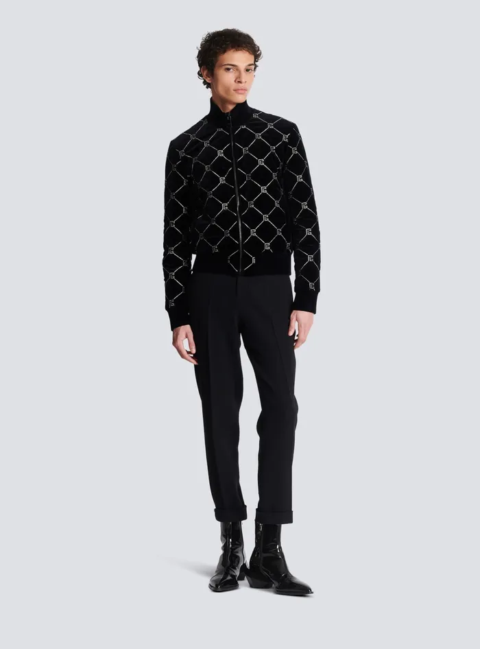 Balmain Quilted Rhinestone Bomber Jacket Silver Men Outerwear