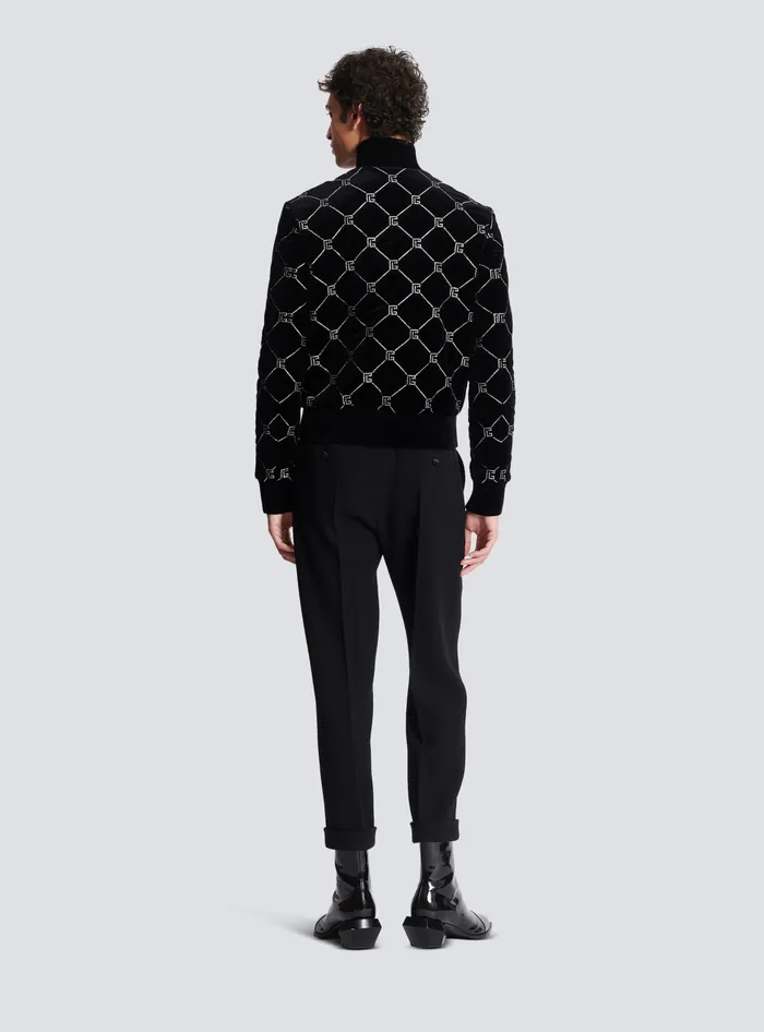 Balmain Quilted Rhinestone Bomber Jacket Silver Men Outerwear
