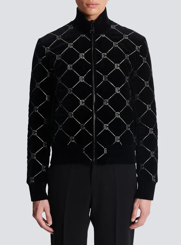 Balmain Quilted Rhinestone Bomber Jacket Silver Men Outerwear