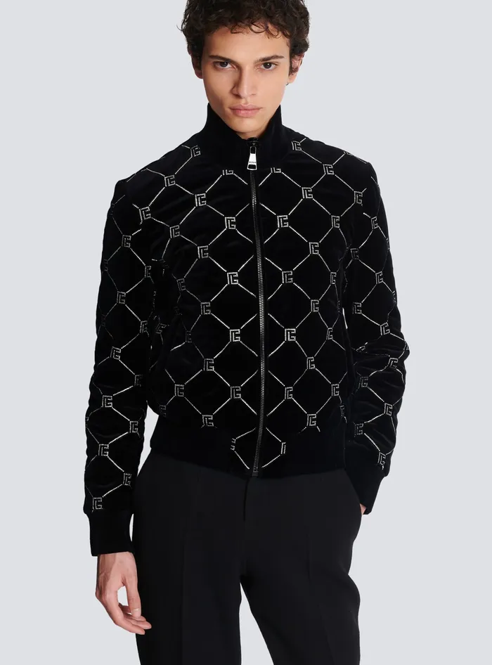Balmain Quilted Rhinestone Bomber Jacket Silver Men Outerwear