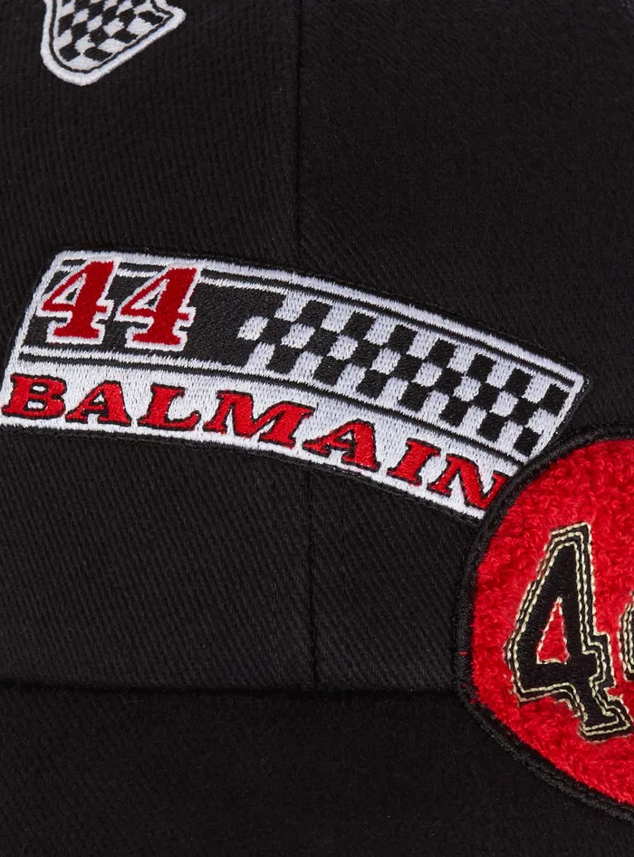 Balmain Racing Cap With Patches Black Men Hats And Caps