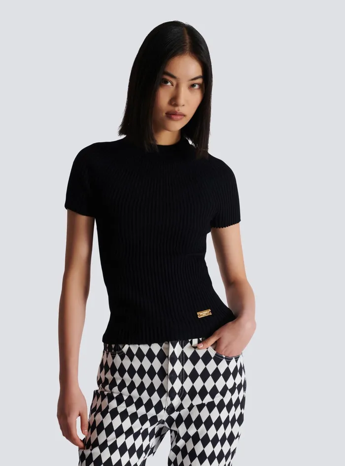 Balmain Ribbed Knit Top Black Women Tops And Shirts