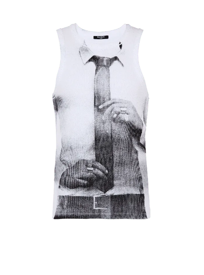 Balmain Ribbed Tank Top With Tie Print White Men TShirts