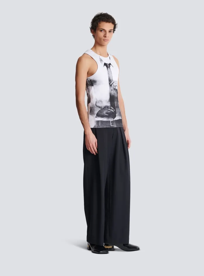 Balmain Ribbed Tank Top With Tie Print White Men TShirts