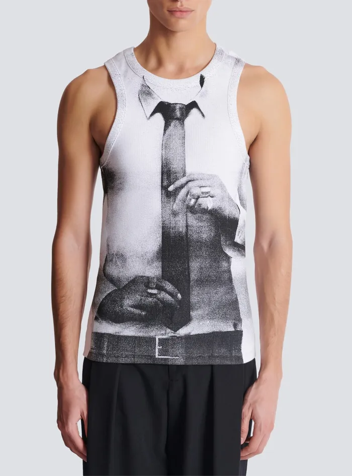 Balmain Ribbed Tank Top With Tie Print White Men TShirts