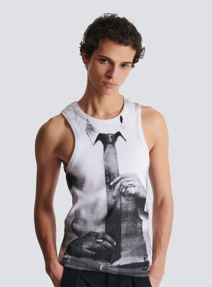Balmain Ribbed Tank Top With Tie Print White Men TShirts