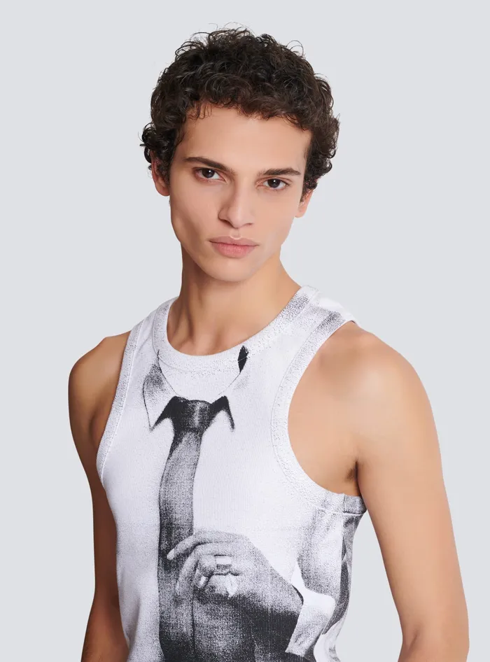 Balmain Ribbed Tank Top With Tie Print White Men TShirts