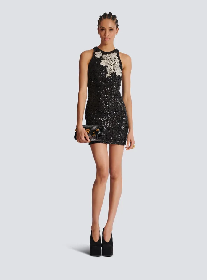 Balmain Sequin Dress With Grape Embroidery Black Women Dresses