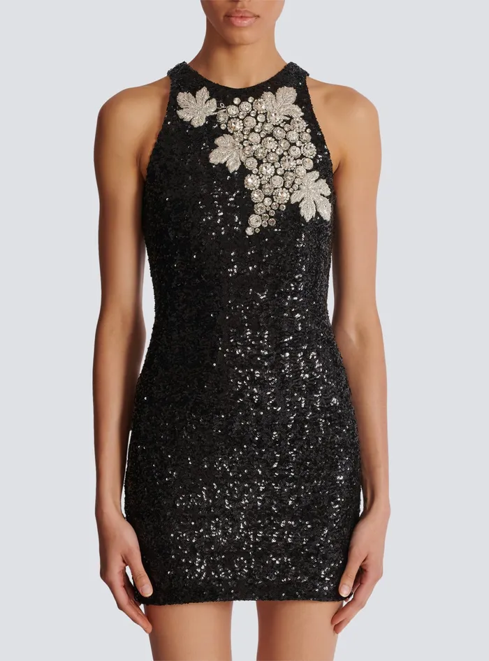 Balmain Sequin Dress With Grape Embroidery Black Women Dresses
