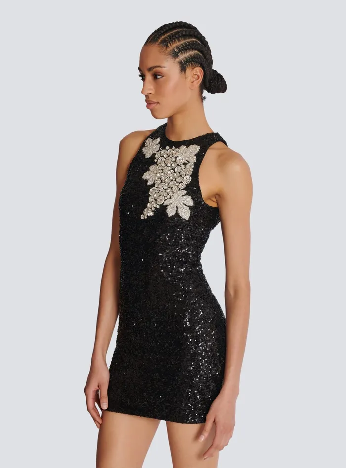 Balmain Sequin Dress With Grape Embroidery Black Women Dresses