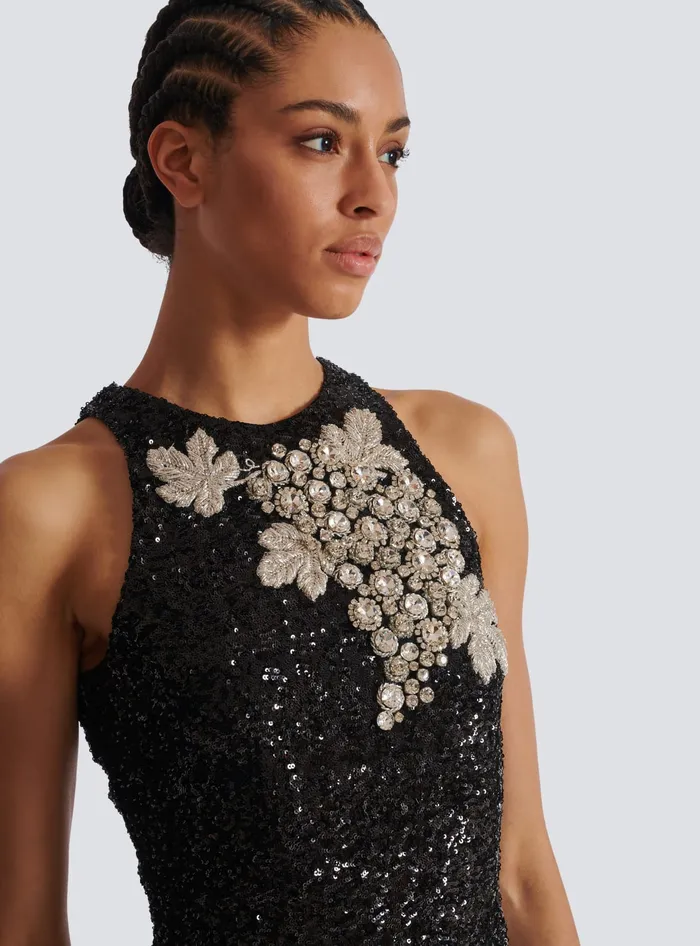 Balmain Sequin Dress With Grape Embroidery Black Women Dresses