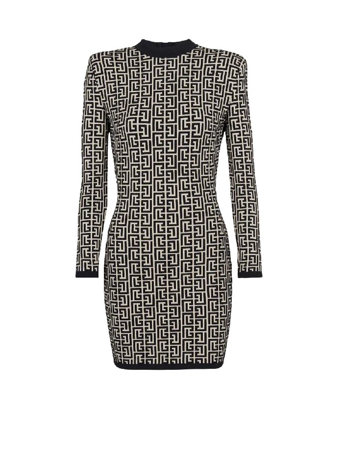 Balmain Short Bicolor Jacquard Dress With Monogram Black Women Dresses
