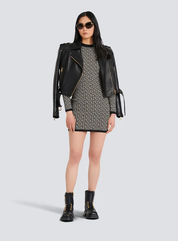 Balmain Short Bicolor Jacquard Dress With Monogram Black Women Dresses