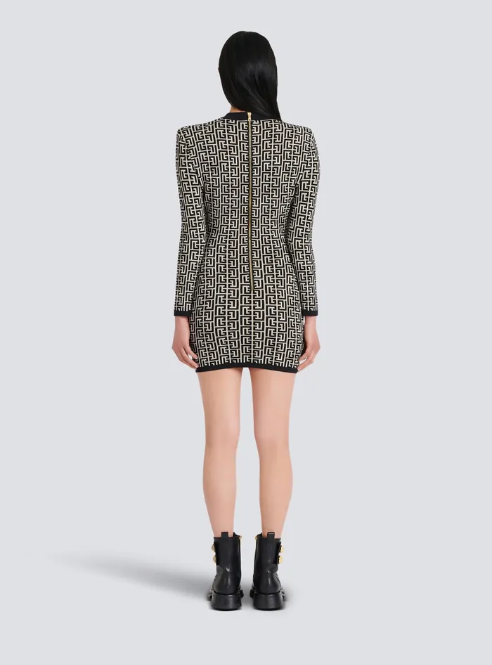 Balmain Short Bicolor Jacquard Dress With Monogram Black Women Dresses