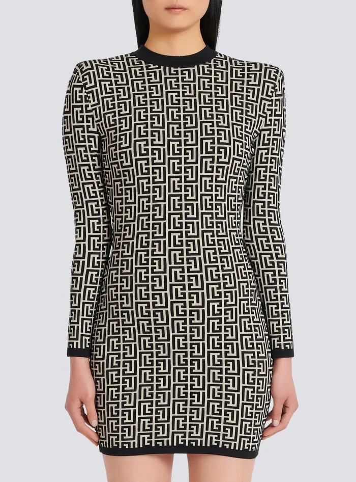 Balmain Short Bicolor Jacquard Dress With Monogram Black Women Dresses