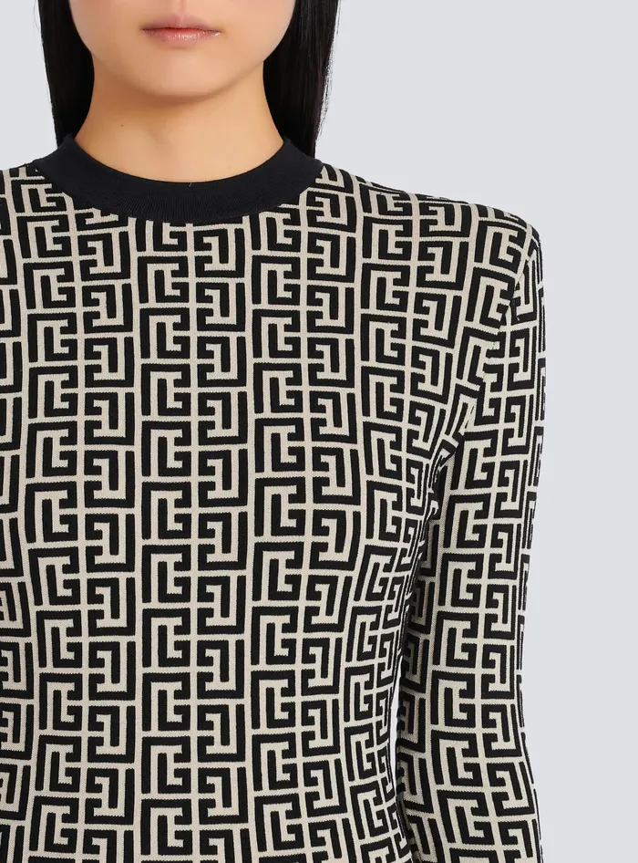 Balmain Short Bicolor Jacquard Dress With Monogram Black Women Dresses