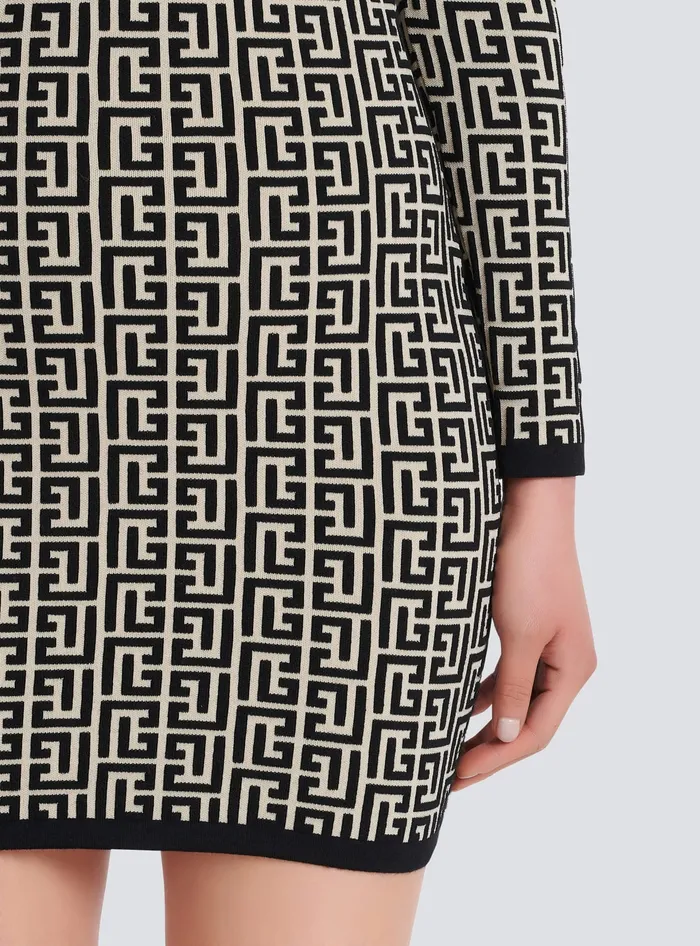 Balmain Short Bicolor Jacquard Dress With Monogram Black Women Dresses