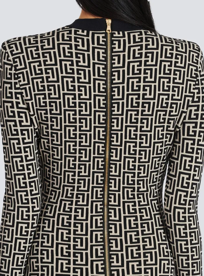 Balmain Short Bicolor Jacquard Dress With Monogram Black Women Dresses