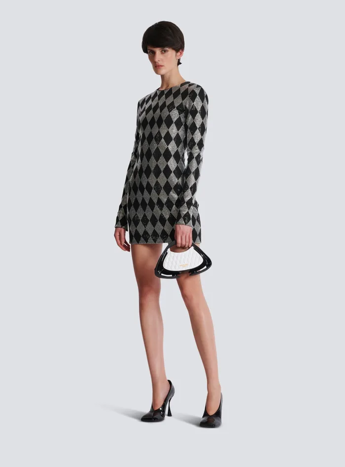 Balmain Short Diamond Rhinestone Dress Black Women Dresses