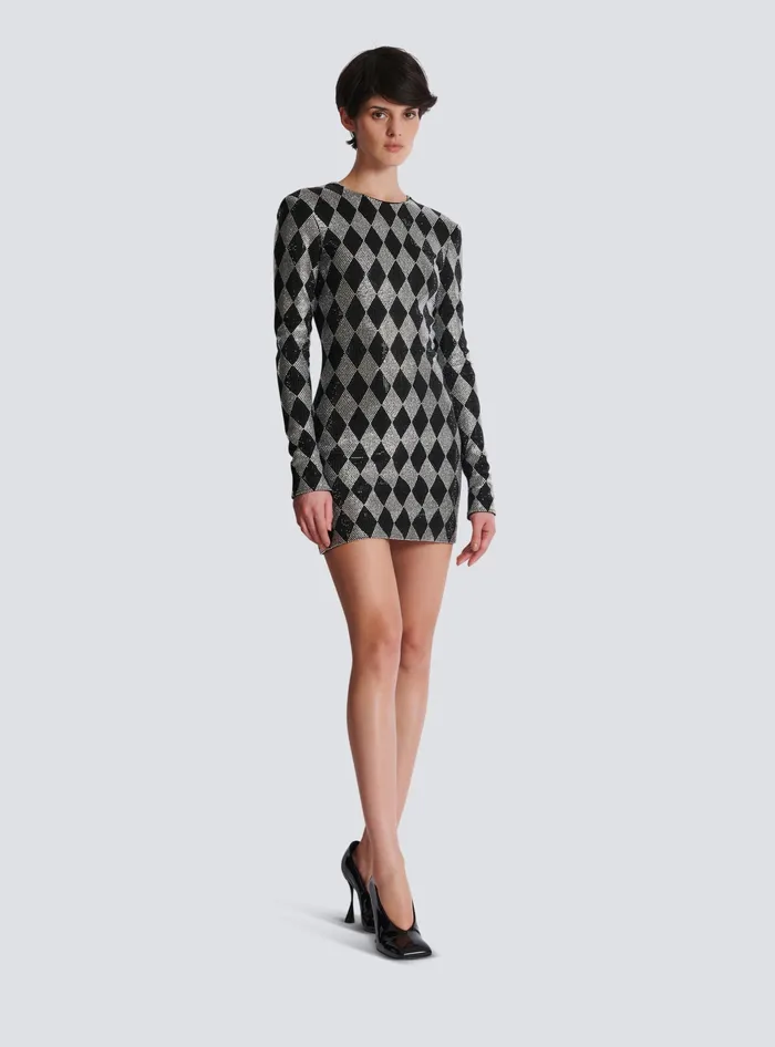 Balmain Short Diamond Rhinestone Dress Black Women Dresses