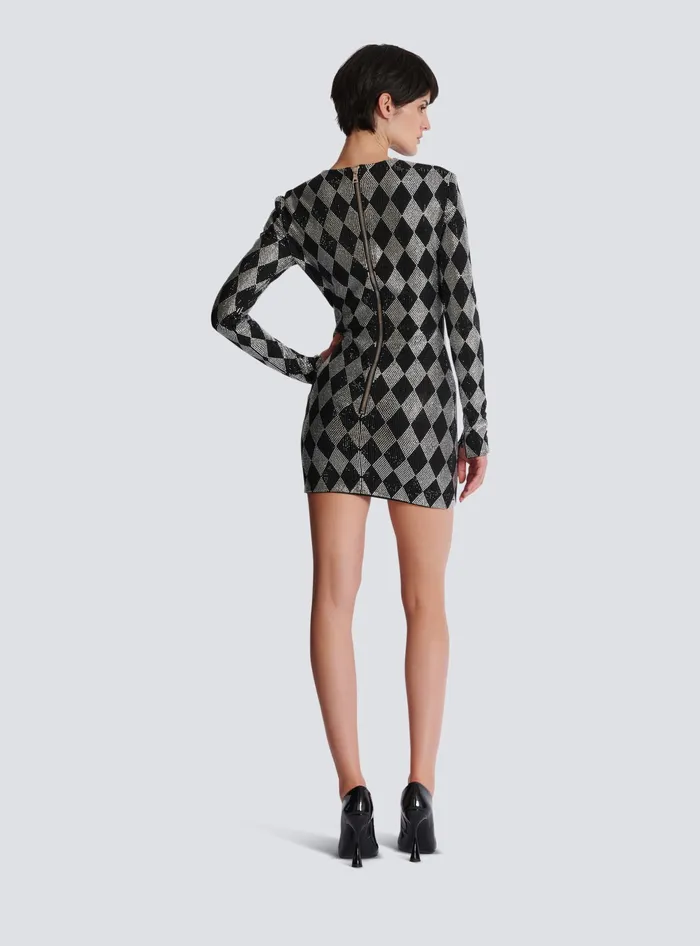 Balmain Short Diamond Rhinestone Dress Black Women Dresses