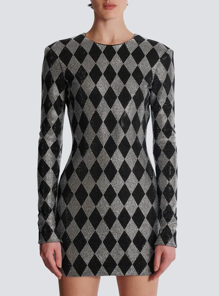 Balmain Short Diamond Rhinestone Dress Black Women Dresses