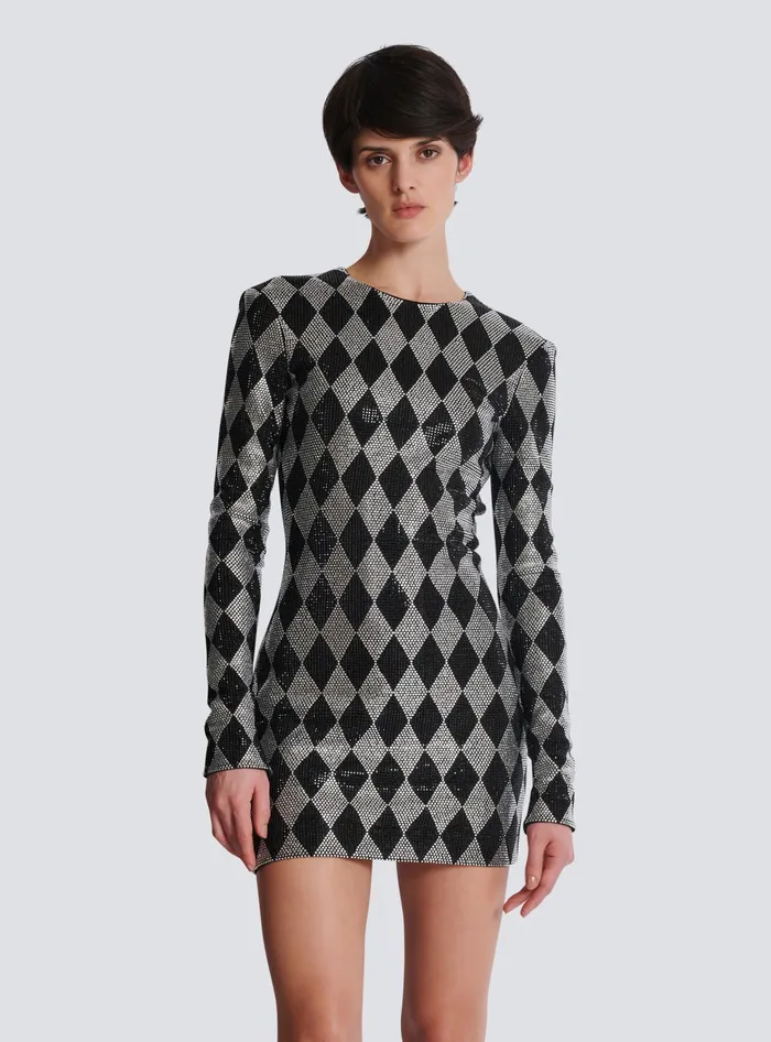 Balmain Short Diamond Rhinestone Dress Black Women Dresses