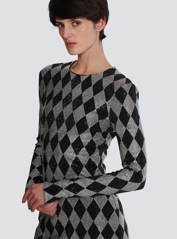 Balmain Short Diamond Rhinestone Dress Black Women Dresses