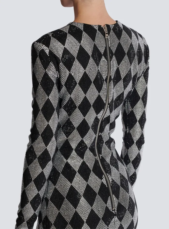 Balmain Short Diamond Rhinestone Dress Black Women Dresses