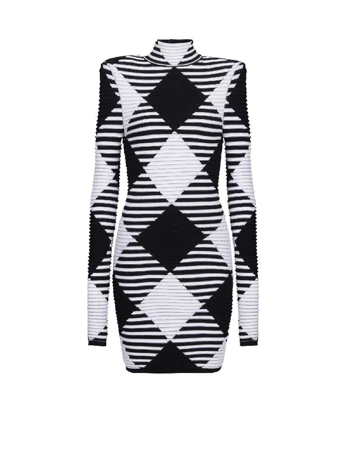 Balmain Short Dress In Rolled Gingham Knit Black Women Knitwear