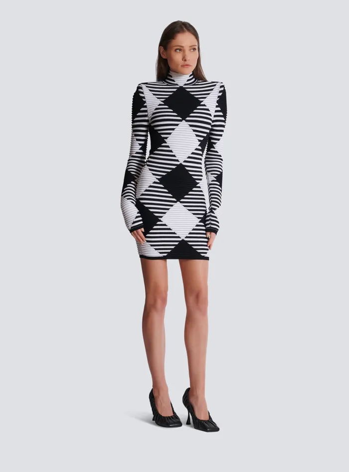 Balmain Short Dress In Rolled Gingham Knit Black Women Knitwear