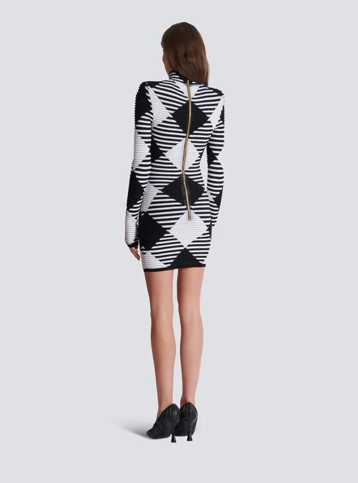 Balmain Short Dress In Rolled Gingham Knit Black Women Knitwear