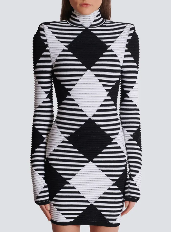 Balmain Short Dress In Rolled Gingham Knit Black Women Knitwear