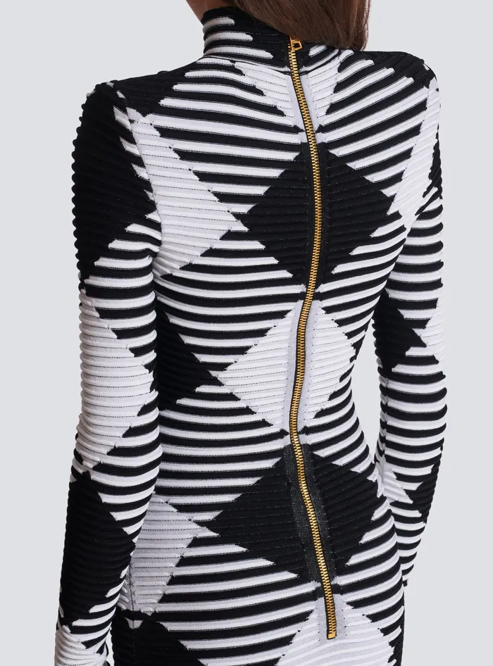 Balmain Short Dress In Rolled Gingham Knit Black Women Knitwear
