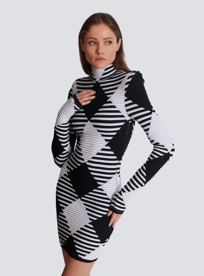 Balmain Short Dress In Rolled Gingham Knit Black Women Knitwear