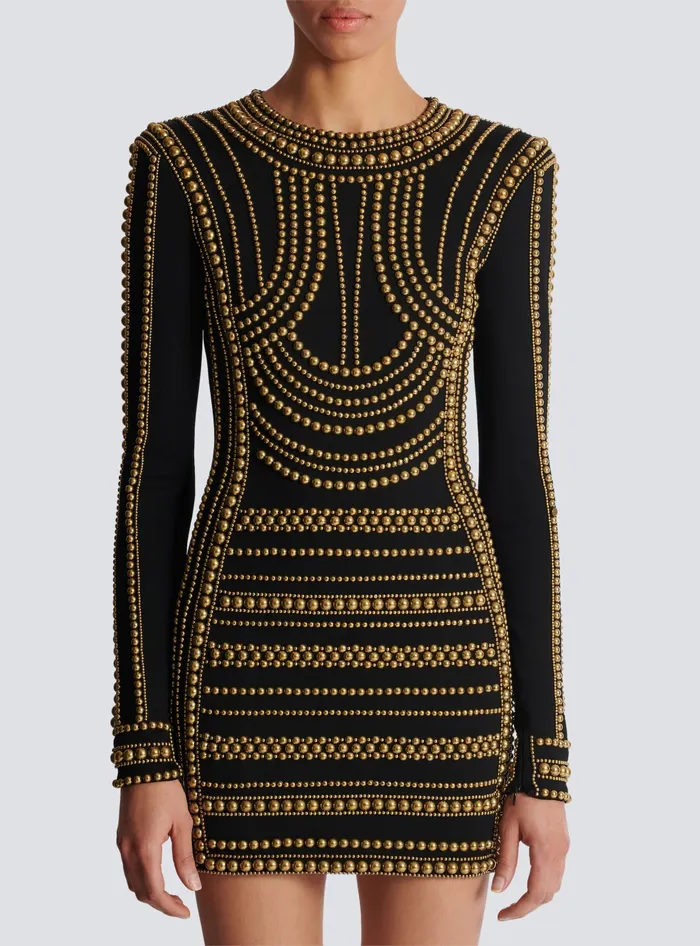 Balmain Short Gold Beadembroidered Dress Gold Women Dresses