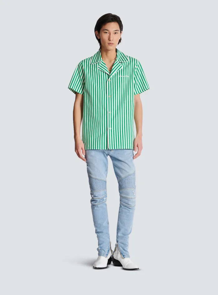 Balmain Shortsleeved Striped Cotton Pyjama Shirt Green Men Shirts And Polos