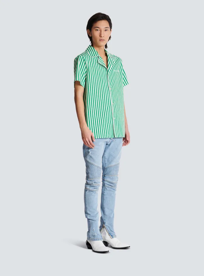 Balmain Shortsleeved Striped Cotton Pyjama Shirt Green Men Shirts And Polos